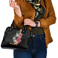 Hawaiian Tropical Flowers and Tribal Turtles Shoulder Handbag Polynesian Art Motifs Black Color - Polynesian Pride