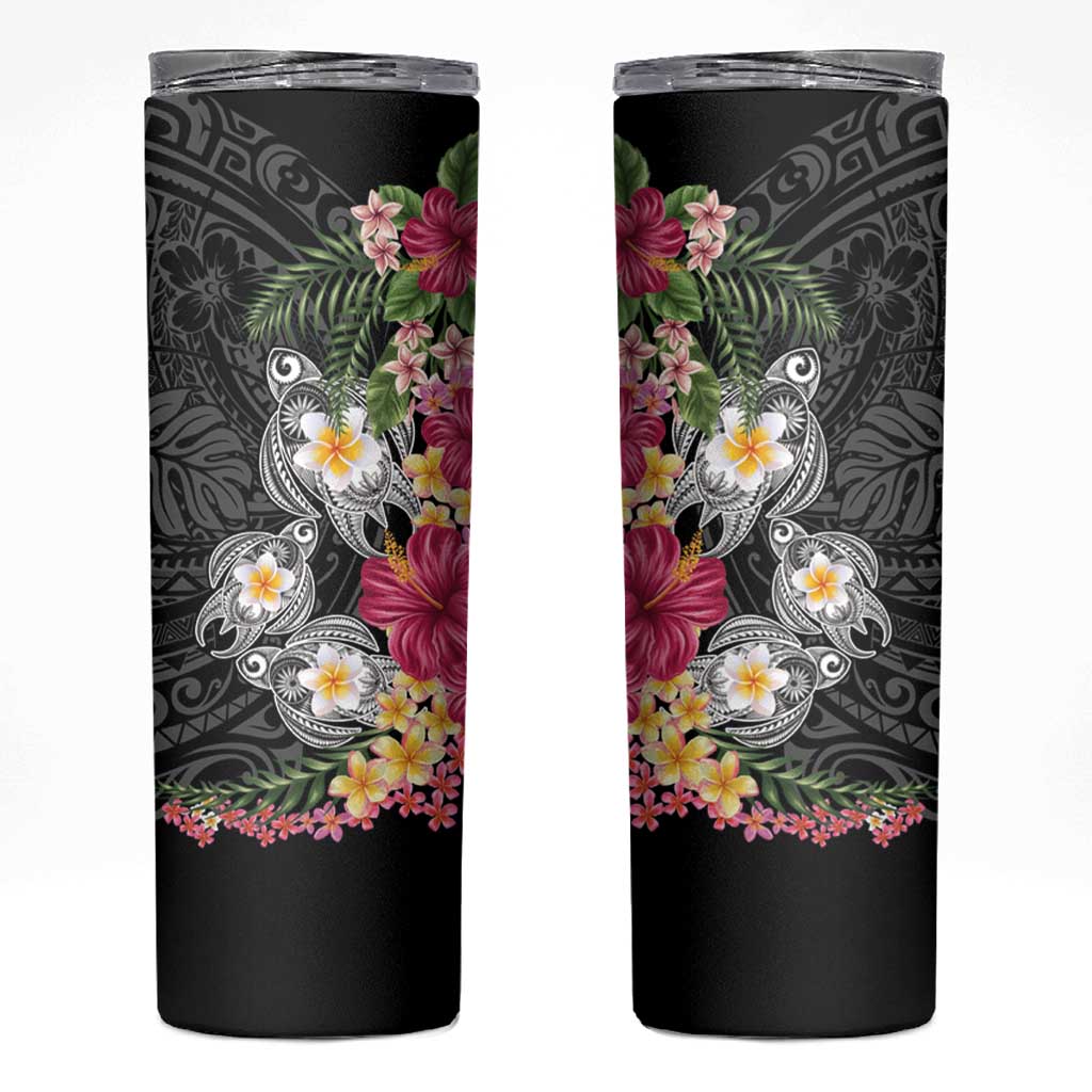 Hawaiian Tropical Flowers and Tribal Turtles Skinny Tumbler Polynesian Art Motifs Black Color LT03 Black - Polynesian Pride