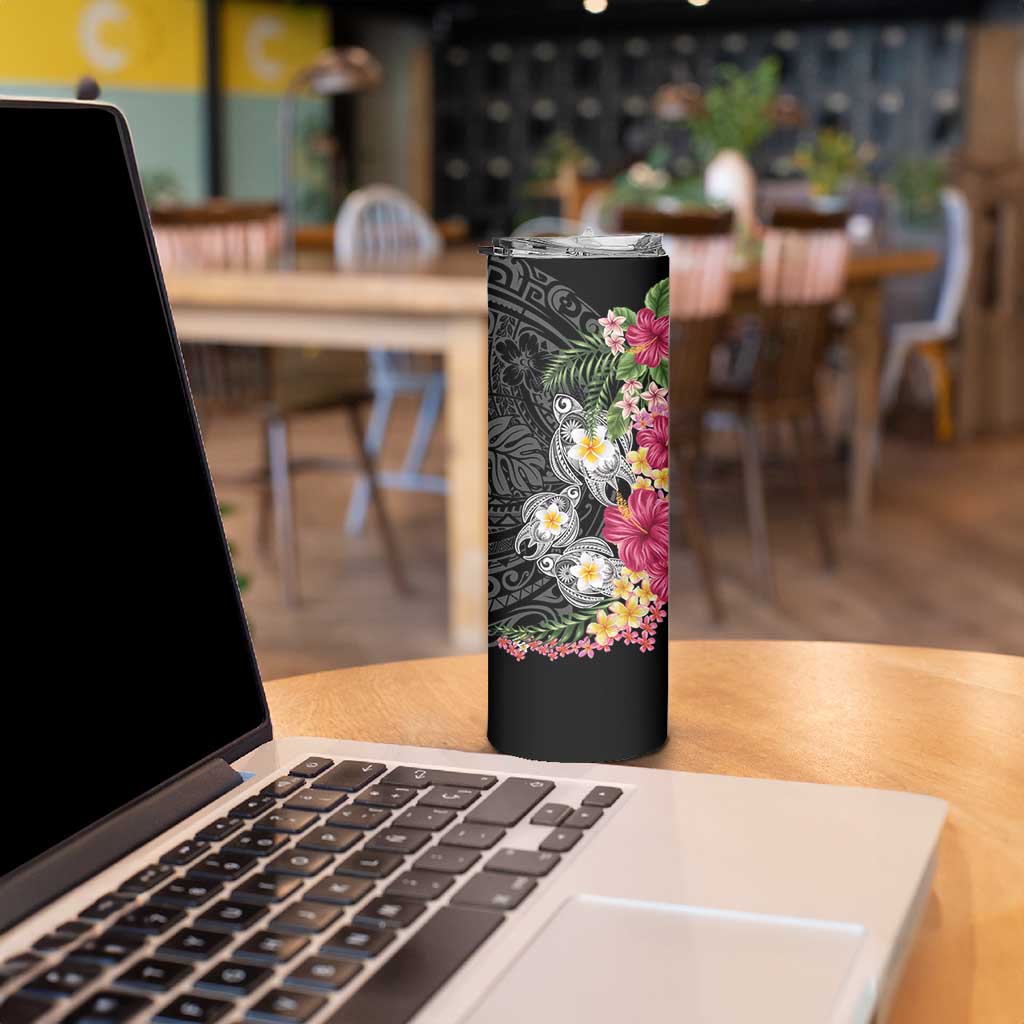 Hawaiian Tropical Flowers and Tribal Turtles Skinny Tumbler Polynesian Art Motifs Black Color LT03 - Polynesian Pride