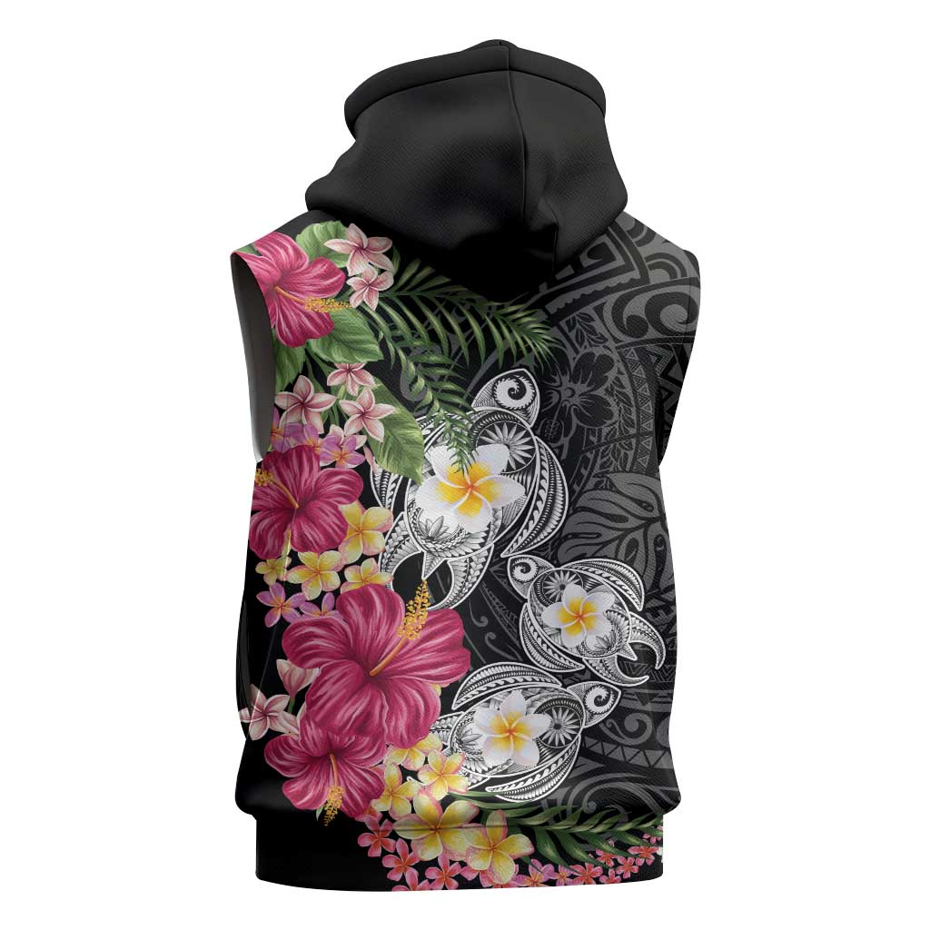 Hawaiian Tropical Flowers and Tribal Turtles Sleeveless Hoodie Polynesian Art Motifs Black Color LT03 - Polynesian Pride