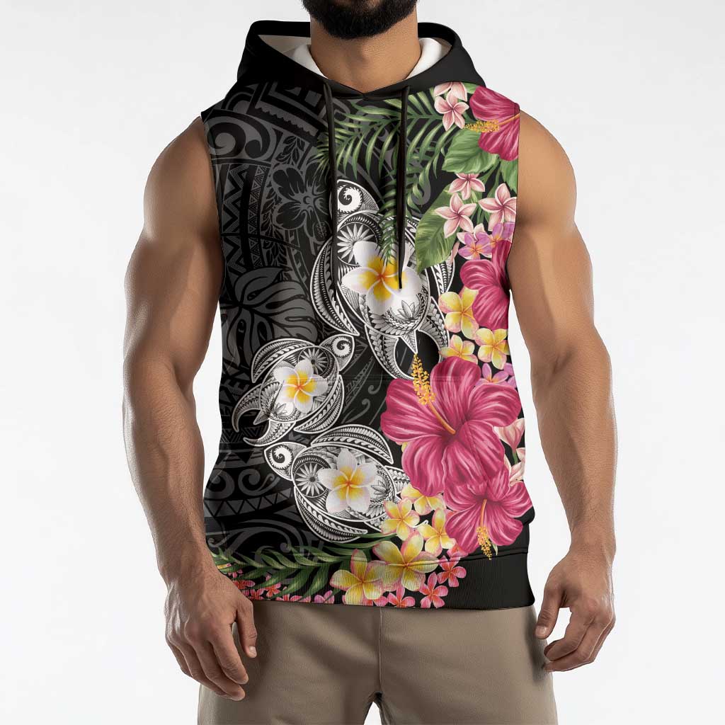 Hawaiian Tropical Flowers and Tribal Turtles Sleeveless Hoodie Polynesian Art Motifs Black Color LT03 - Polynesian Pride