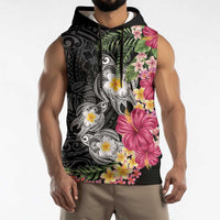 Hawaiian Tropical Flowers and Tribal Turtles Sleeveless Hoodie Polynesian Art Motifs Black Color LT03 - Polynesian Pride