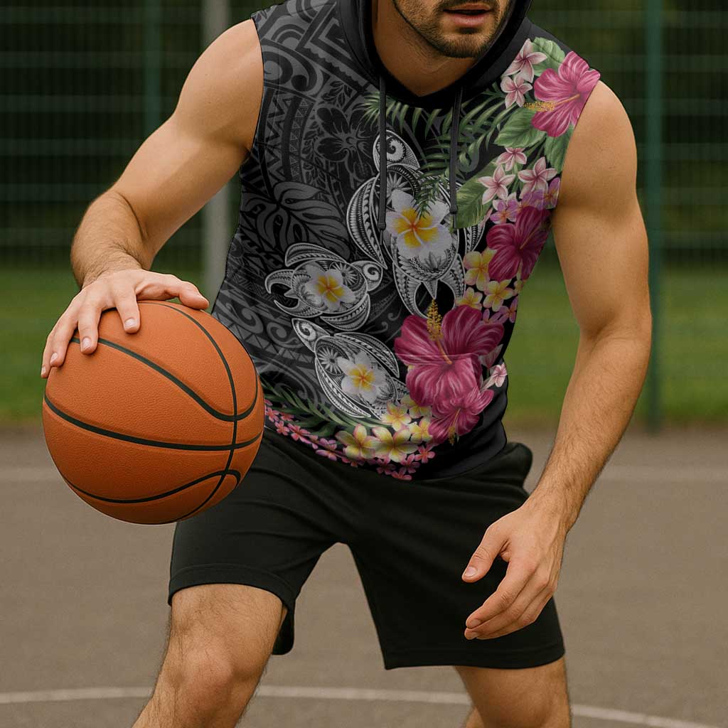 Hawaiian Tropical Flowers and Tribal Turtles Sleeveless Hoodie Polynesian Art Motifs Black Color LT03 - Polynesian Pride