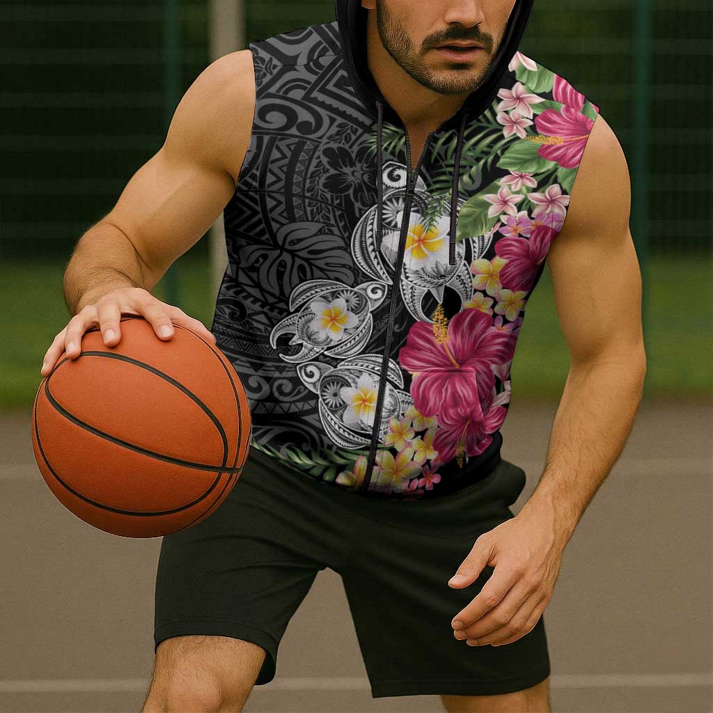 Hawaiian Tropical Flowers and Tribal Turtles Sleeveless Zip Hoodie Polynesian Art Motifs Black Color LT03 - Polynesian Pride