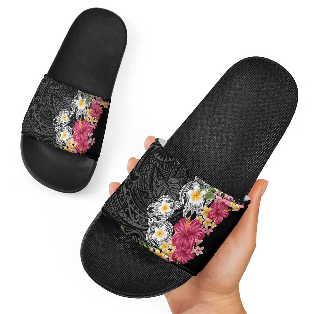 Hawaiian Tropical Flowers and Tribal Turtles Slide Sandals Polynesian Art Motifs Black Color LT03 - Polynesian Pride