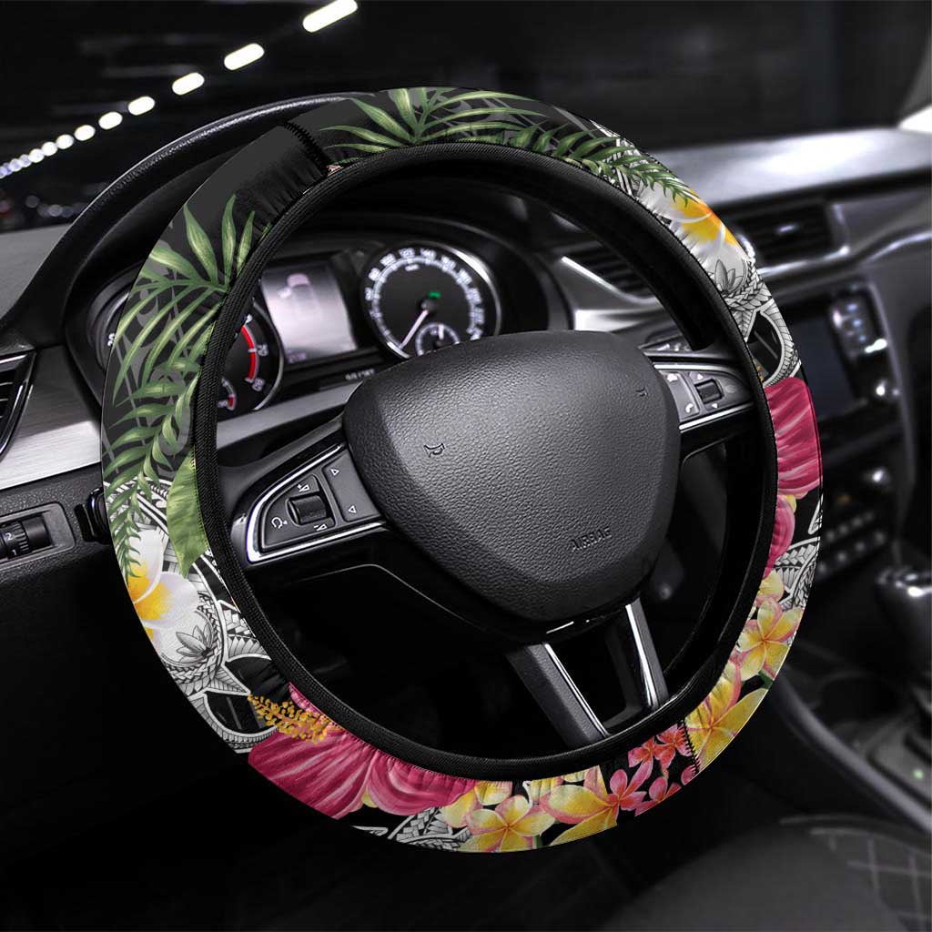 Hawaiian Tropical Flowers and Tribal Turtles Steering Wheel Cover Polynesian Art Motifs Black Color LT03 Universal Fit Black - Polynesian Pride