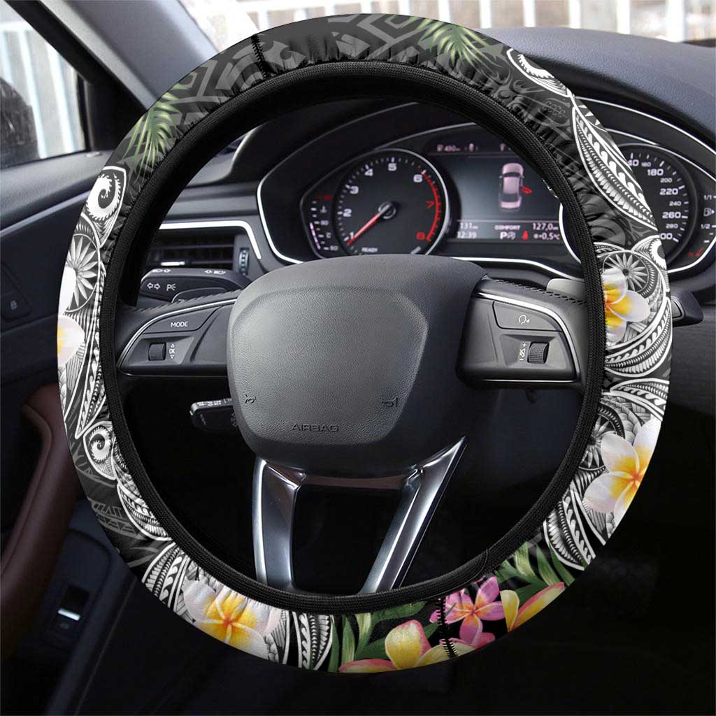 Hawaiian Tropical Flowers and Tribal Turtles Steering Wheel Cover Polynesian Art Motifs Black Color LT03 - Polynesian Pride