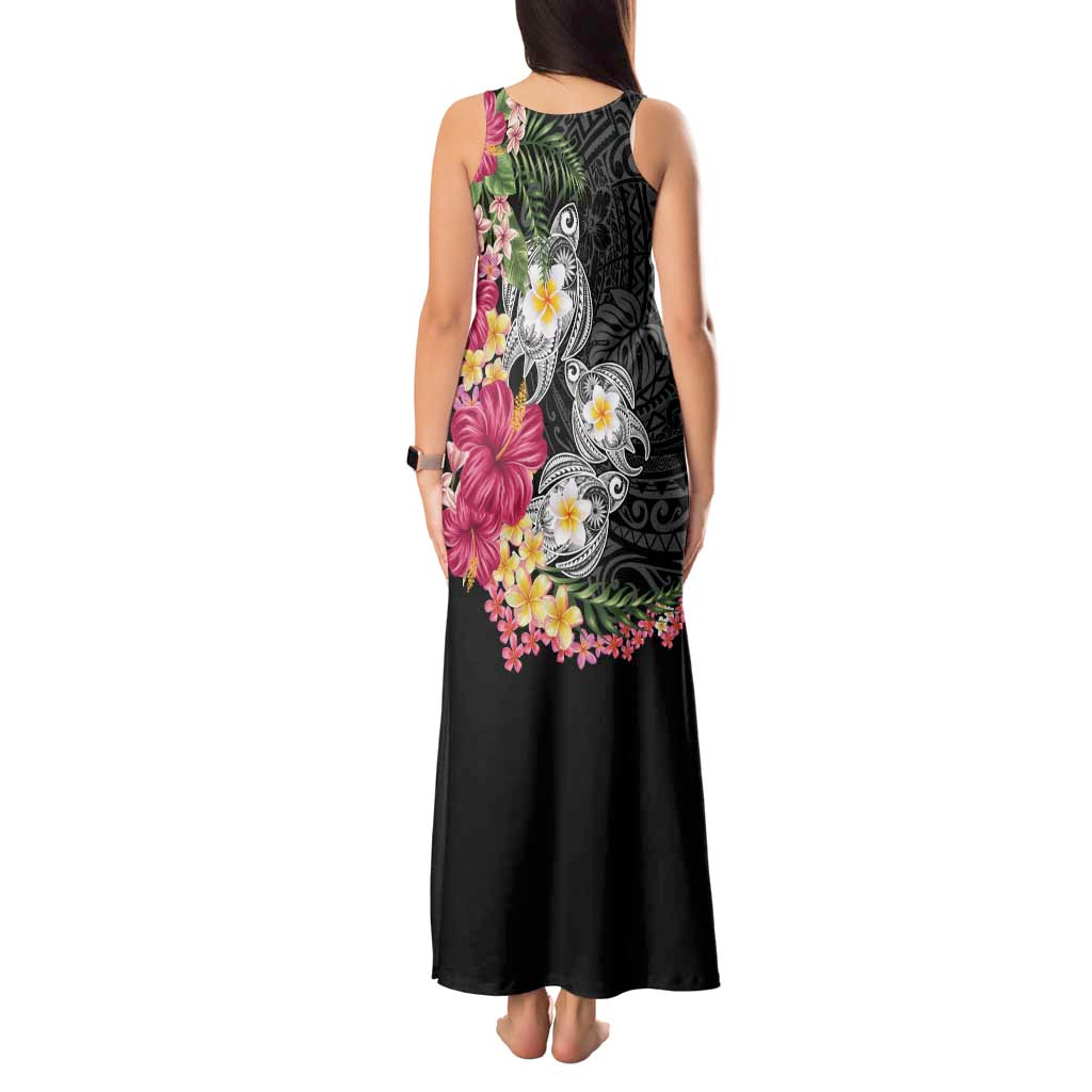 Hawaiian Tropical Flowers and Tribal Turtles Tank Maxi Dress Polynesian Art Motifs Black Color LT03 - Polynesian Pride