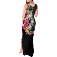 Hawaiian Tropical Flowers and Tribal Turtles Tank Maxi Dress Polynesian Art Motifs Black Color LT03 - Polynesian Pride