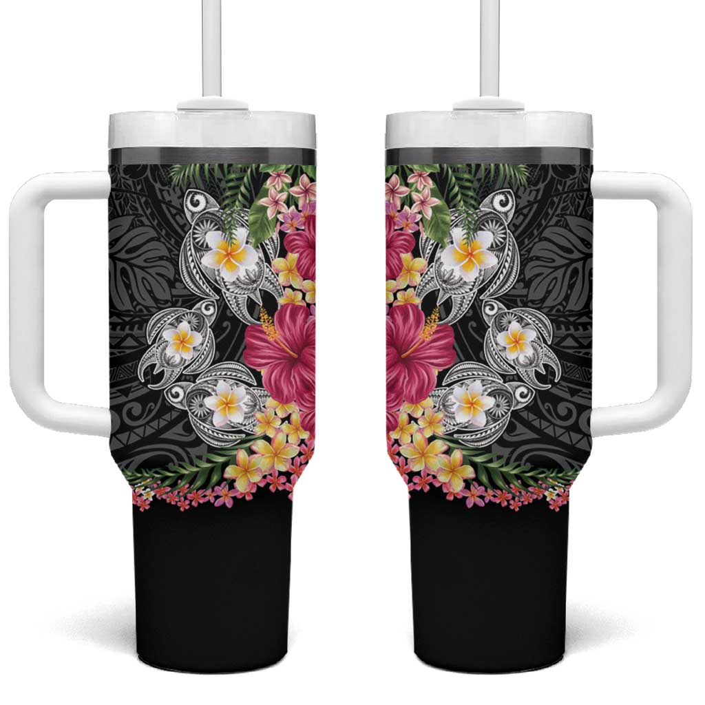 Hawaiian Tropical Flowers and Tribal Turtles Tumbler With Handle - Polynesian Art Motifs Black LT03 One Size: 40 oz Black - Polynesian Pride