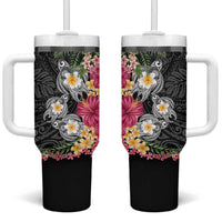 Hawaiian Tropical Flowers and Tribal Turtles Tumbler With Handle - Polynesian Art Motifs Black LT03 One Size: 40 oz Black - Polynesian Pride