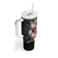 Hawaiian Tropical Flowers and Tribal Turtles Tumbler With Handle - Polynesian Art Motifs Black LT03 - Polynesian Pride