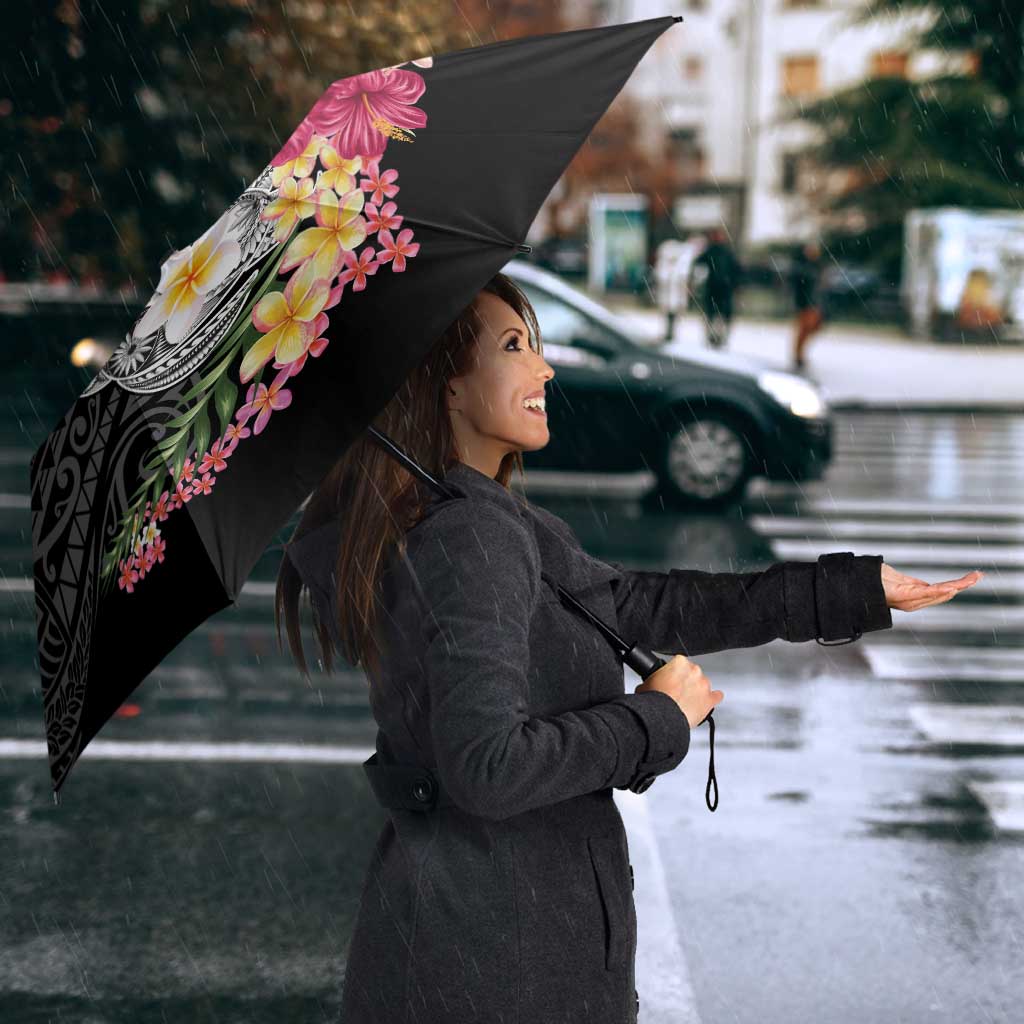 Hawaiian Tropical Flowers and Tribal Turtles Umbrella Polynesian Art Motifs Black Color - Polynesian Pride