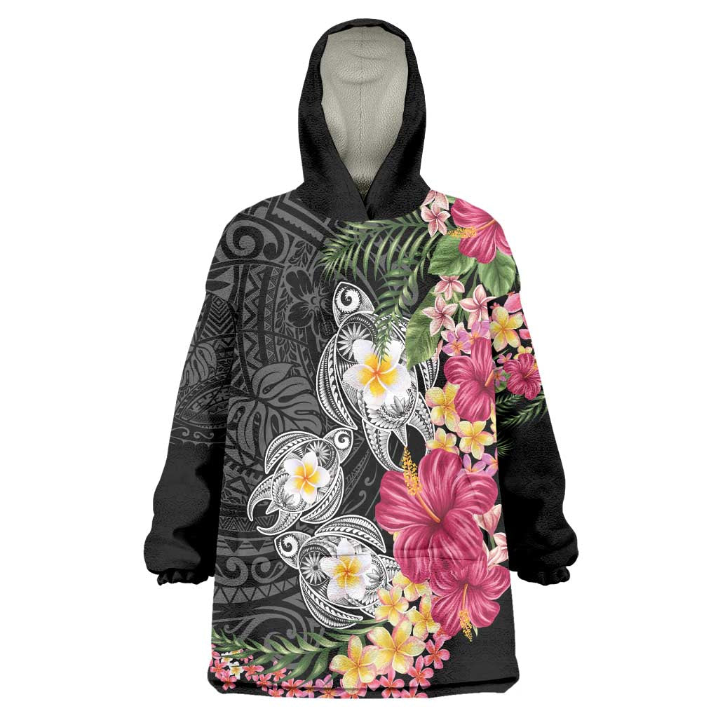 Hawaiian Tropical Flowers and Tribal Turtles Wearable Blanket Hoodie Polynesian Art Motifs Black Color LT03 One Size Black - Polynesian Pride