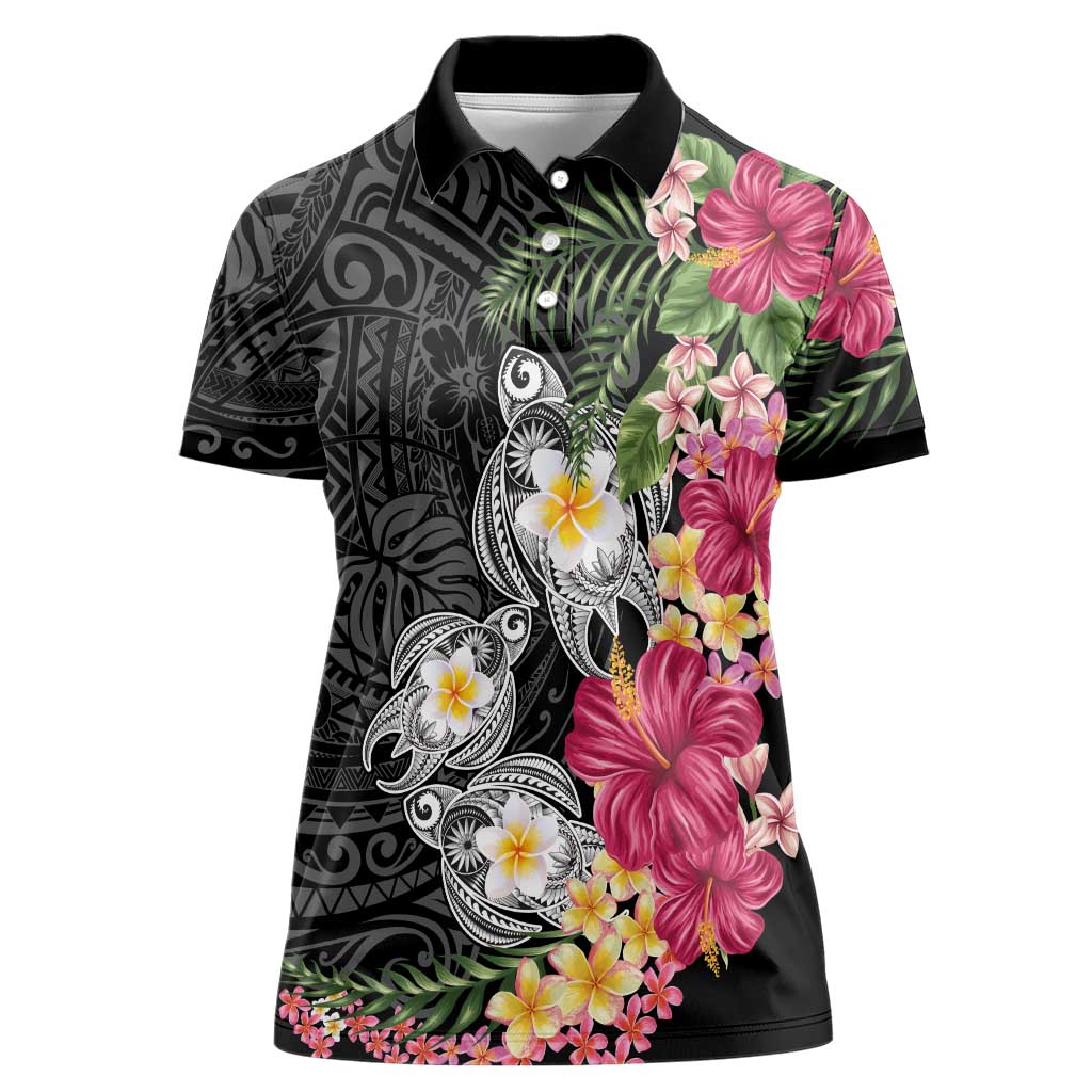 Hawaiian Tropical Flowers and Tribal Turtles Women Polo Shirt Polynesian Art Motifs Black Color - Polynesian Pride