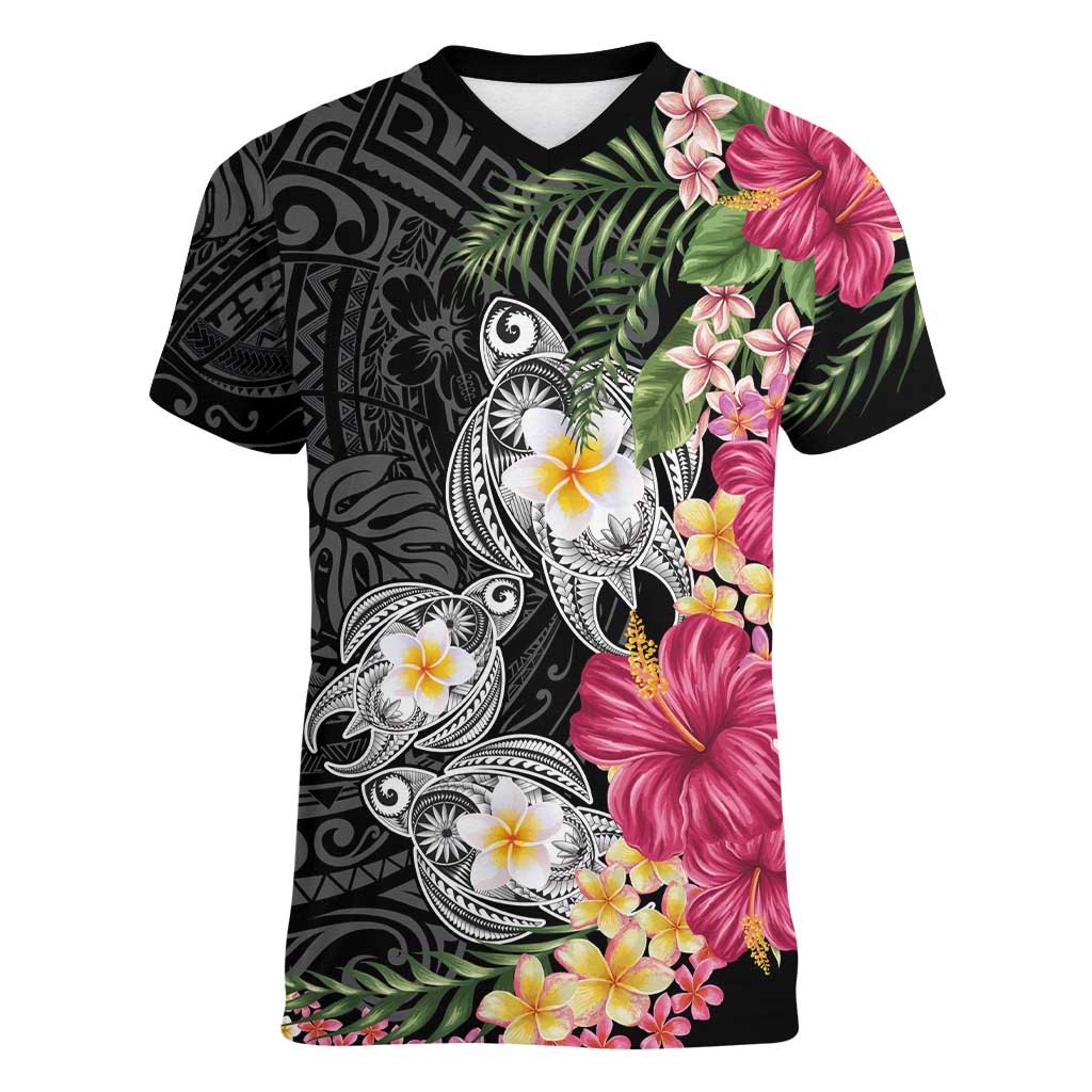 Hawaiian Tropical Flowers and Tribal Turtles Women V-Neck T-Shirt Polynesian Art Motifs Black Color - Polynesian Pride