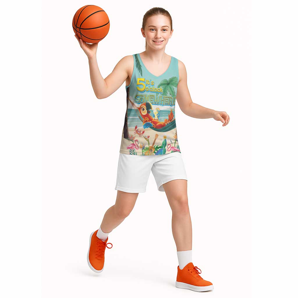 Aloha Hawaii It's 5 o'clock Somewhere Basketball Jersey Chill Parrot on Beach with Tropical Plants LT03 - Polynesian Pride