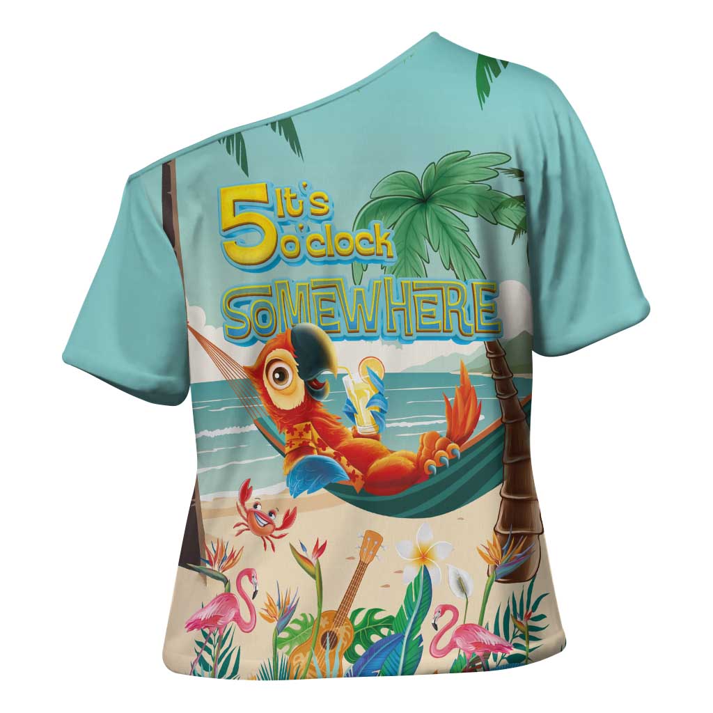 Aloha Hawaii It's 5 o'clock Somewhere Cross Shoulder Shirt Chill Parrot on Beach with Tropical Plants LT03 - Polynesian Pride
