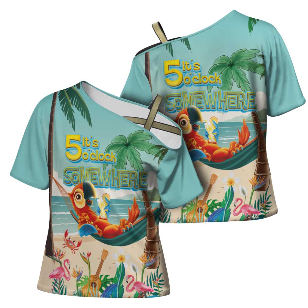 Aloha Hawaii It's 5 o'clock Somewhere Cross Shoulder Shirt Chill Parrot on Beach with Tropical Plants LT03 - Polynesian Pride