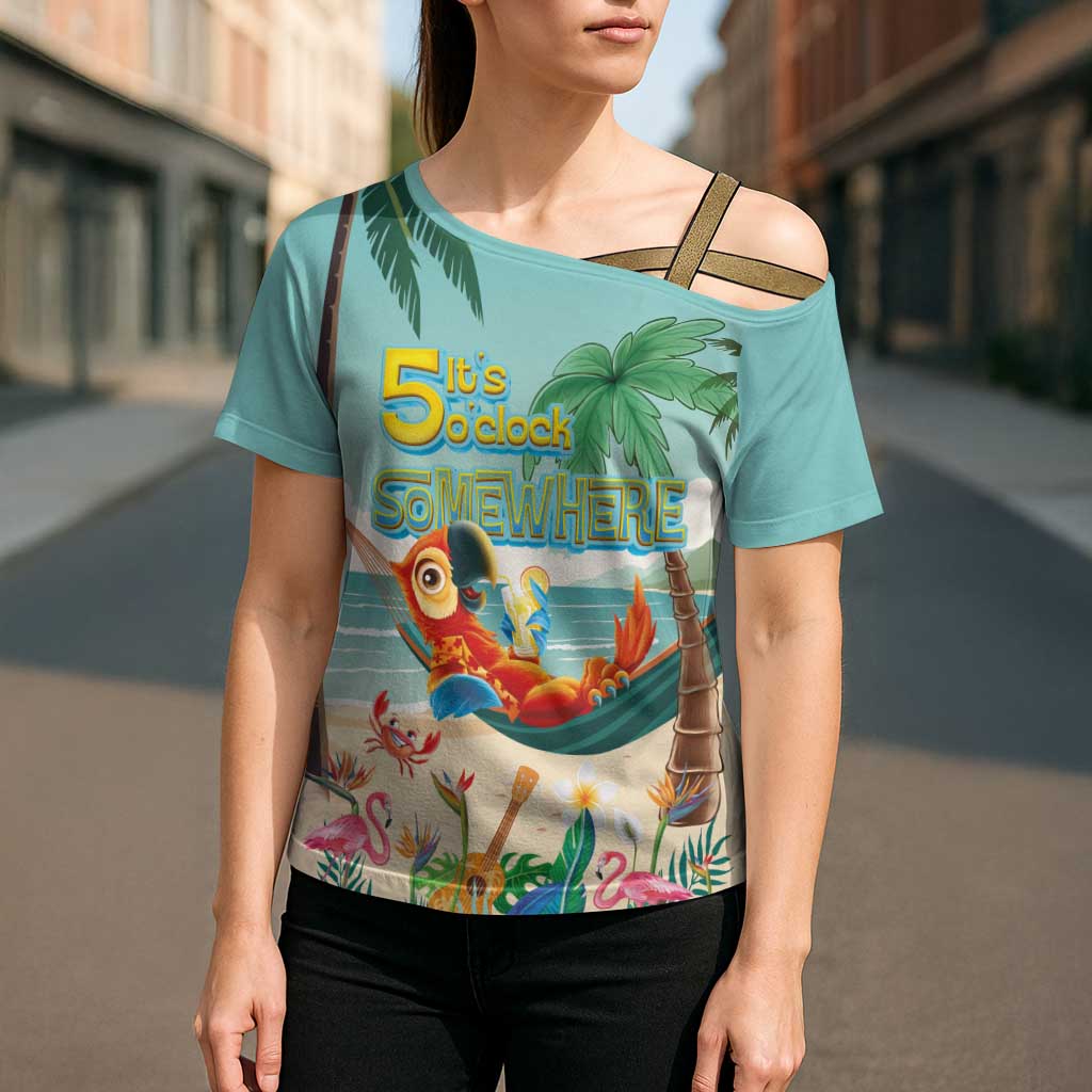 Aloha Hawaii It's 5 o'clock Somewhere Cross Shoulder Shirt Chill Parrot on Beach with Tropical Plants LT03 - Polynesian Pride