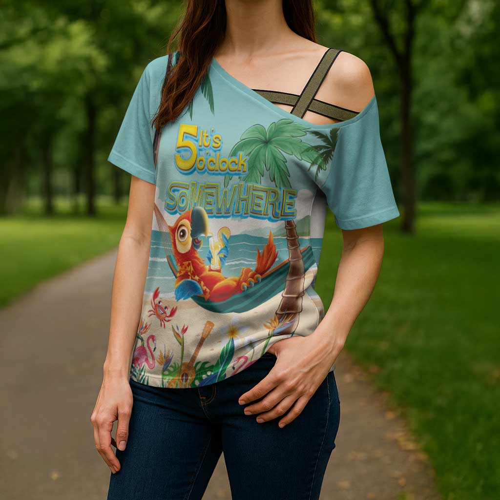 Aloha Hawaii It's 5 o'clock Somewhere Cross Shoulder Shirt Chill Parrot on Beach with Tropical Plants LT03 - Polynesian Pride
