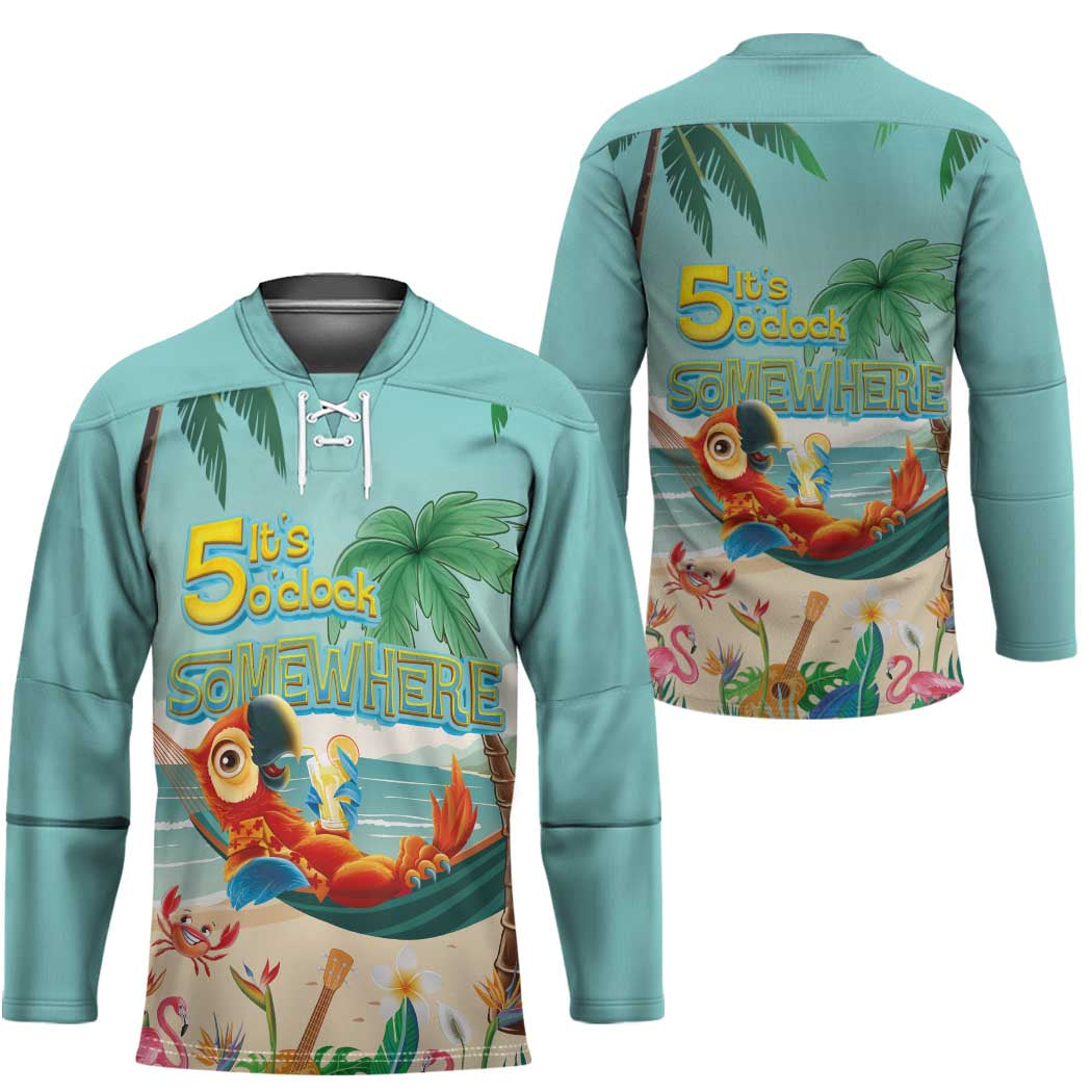 Aloha Hawaii It's 5 o'clock Somewhere Hockey Jersey Chill Parrot on Beach with Tropical Plants LT03 - Polynesian Pride