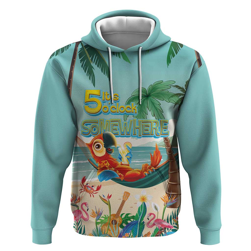Aloha Hawaii It's 5 o'clock Somewhere Hoodie Chill Parrot on Beach with Tropical Plants LT03 Pullover Hoodie Multicolor - Polynesian Pride