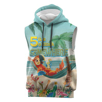 Aloha Hawaii It's 5 o'clock Somewhere Sleeveless Hoodie Chill Parrot on Beach with Tropical Plants - Polynesian Pride
