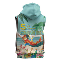 Aloha Hawaii It's 5 o'clock Somewhere Sleeveless Hoodie Chill Parrot on Beach with Tropical Plants - Polynesian Pride