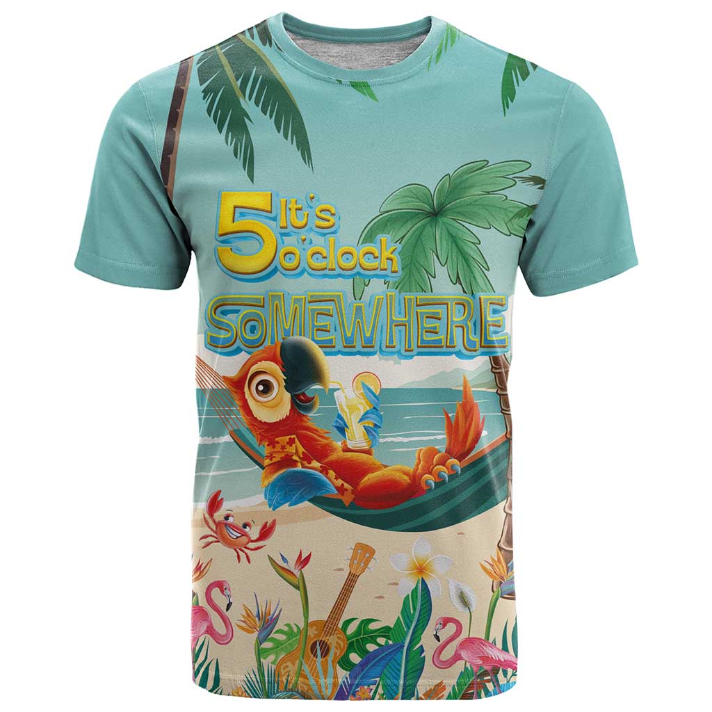 Aloha Hawaii It's 5 o'clock Somewhere T Shirt Chill Parrot on Beach with Tropical Plants LT03 Multicolor - Polynesian Pride