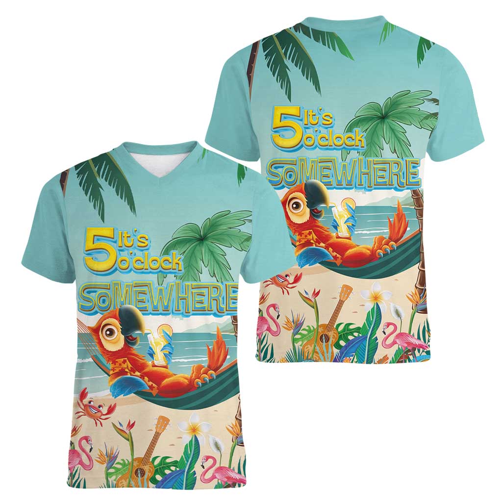 Aloha Hawaii It's 5 o'clock Somewhere Women V-Neck T-Shirt Chill Parrot on Beach with Tropical Plants - Polynesian Pride