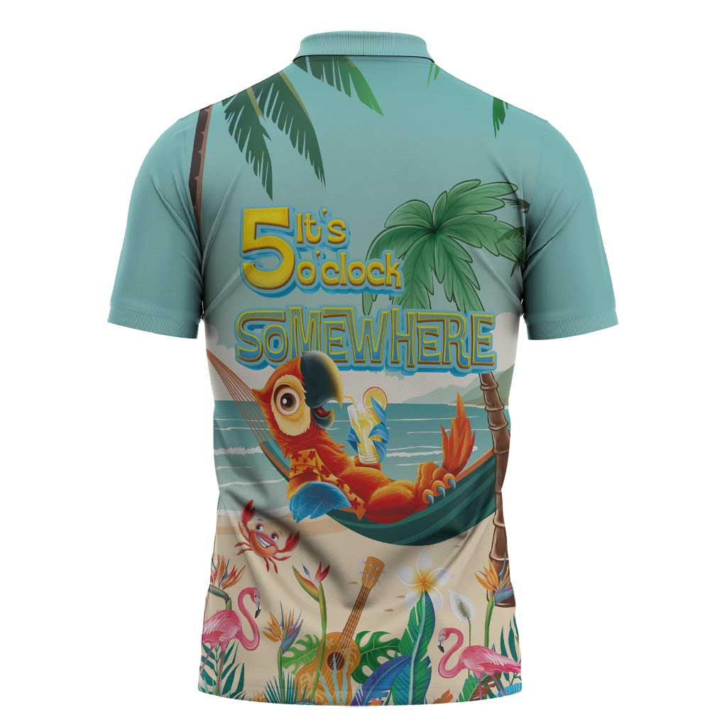 Aloha Hawaii It's 5 o'clock Somewhere Zipper Polo Shirt Chill Parrot on Beach with Tropical Plants LT03 - Polynesian Pride