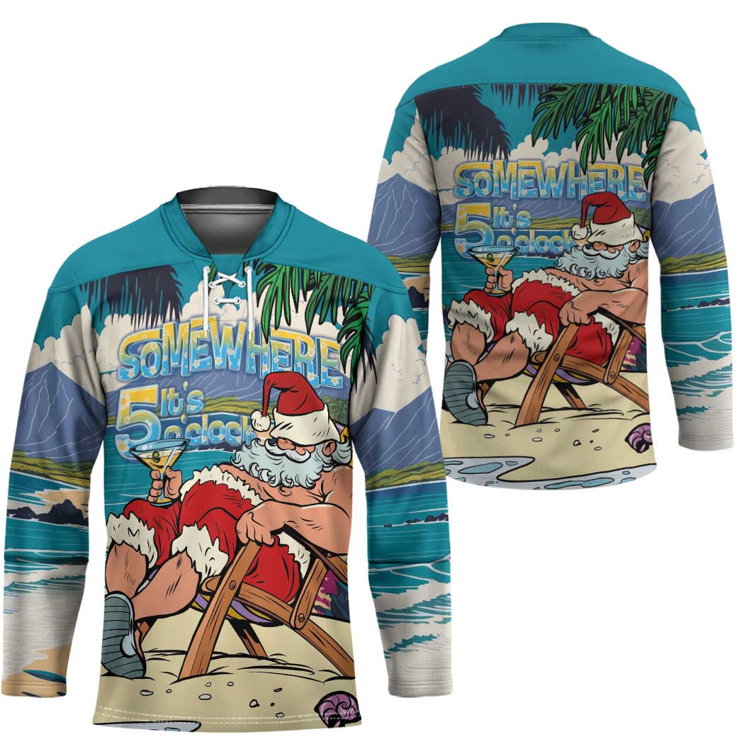 Mele Kalikimaka Hawaii It's 5 o'clock Somewhere Hockey Jersey Funny Lazy Santa Claus Chilling with Cocktail - Polynesian Pride