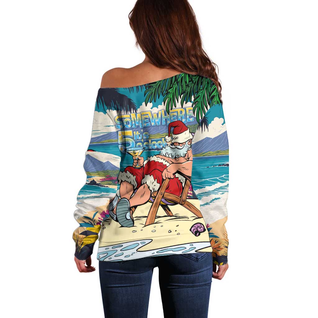 Mele Kalikimaka Hawaii It's 5 o'clock Somewhere Off Shoulder Sweater Funny Lazy Santa Claus Chilling with Cocktail LT03 - Polynesian Pride