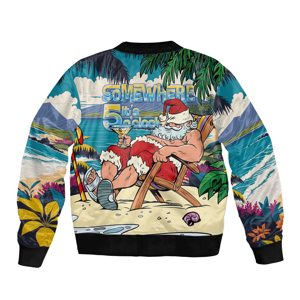 Mele Kalikimaka Hawaii It's 5 o'clock Somewhere Sleeve Zip Bomber Jacket Funny Lazy Santa Claus Chilling with Cocktail LT03 - Polynesian Pride