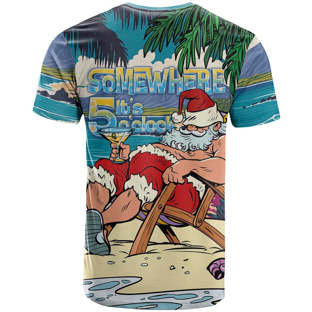 Mele Kalikimaka Hawaii It's 5 o'clock Somewhere T Shirt Funny Lazy Santa Claus Chilling with Cocktail LT03 - Polynesian Pride