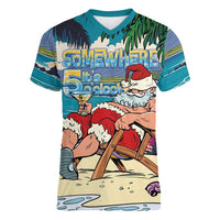 Mele Kalikimaka Hawaii It's 5 o'clock Somewhere Women V-Neck T-Shirt Funny Lazy Santa Claus Chilling with Cocktail LT03 Female Multicolor - Polynesian Pride