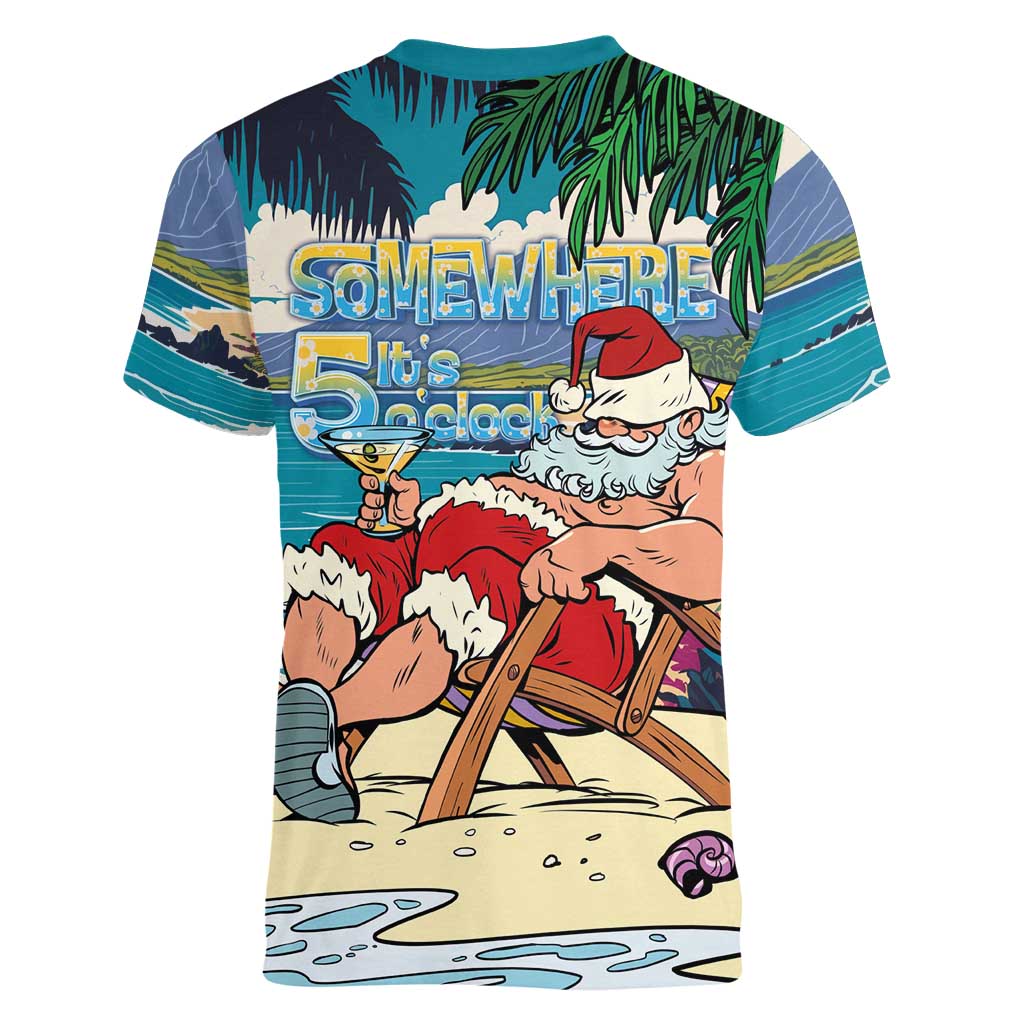 Mele Kalikimaka Hawaii It's 5 o'clock Somewhere Women V-Neck T-Shirt Funny Lazy Santa Claus Chilling with Cocktail LT03 - Polynesian Pride
