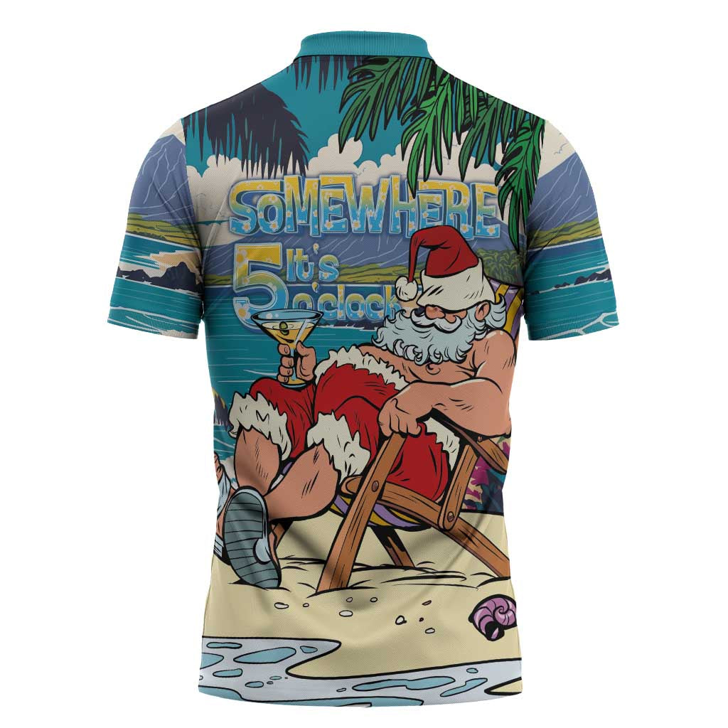 Mele Kalikimaka Hawaii It's 5 o'clock Somewhere Zipper Polo Shirt Funny Lazy Santa Claus Chilling with Cocktail - Polynesian Pride