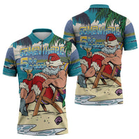 Mele Kalikimaka Hawaii It's 5 o'clock Somewhere Zipper Polo Shirt Funny Lazy Santa Claus Chilling with Cocktail - Polynesian Pride