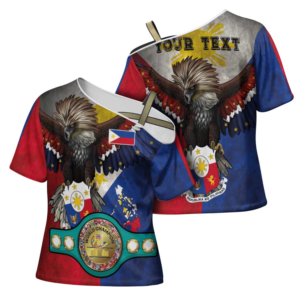 Custom Philippines World Champion Boxing Cross Shoulder Shirt Eagle-Grunge Design - Polynesian Pride