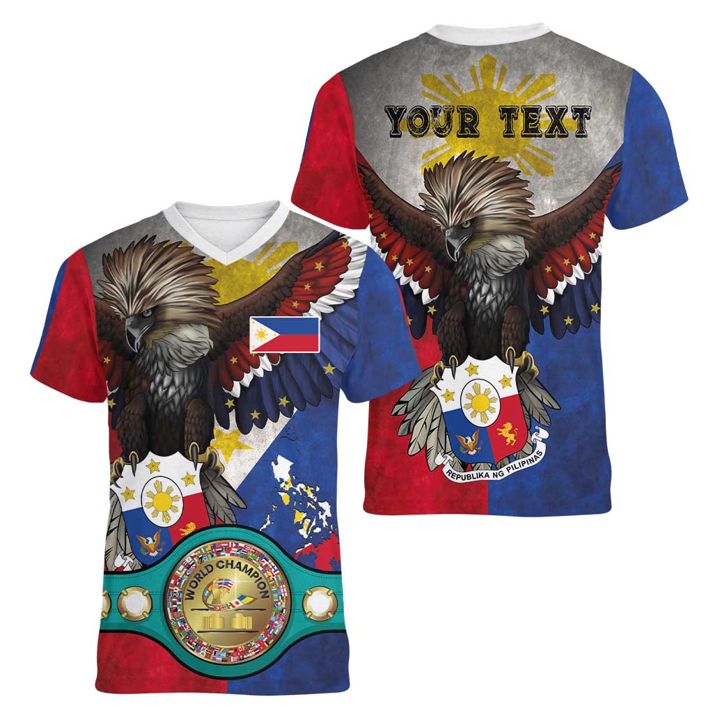 Custom Philippines World Champion Boxing Women V-Neck T-Shirt Eagle-Grunge Design - Polynesian Pride
