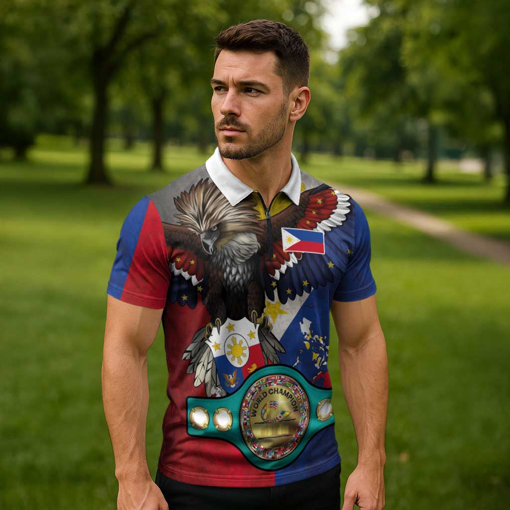 Custom Philippines World Champion Boxing Zipper Polo Shirt Eagle-Grunge Design - Polynesian Pride