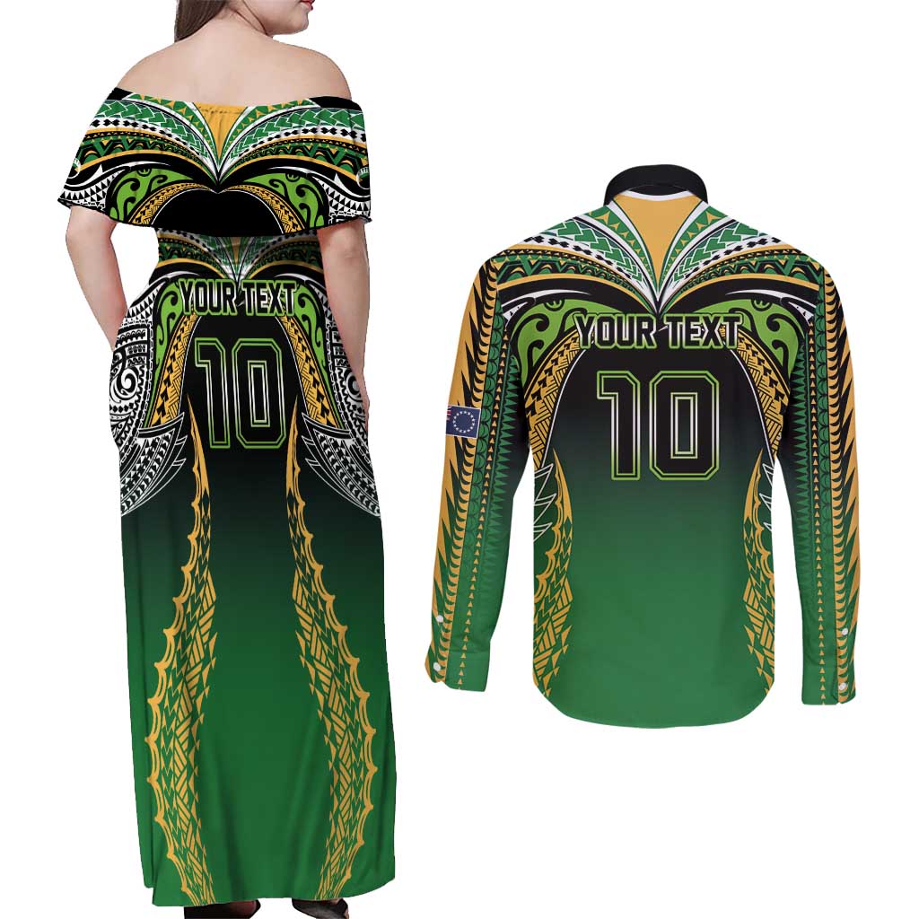 Custom Cook Islands Rugby League Couples Matching Off Shoulder Maxi Dress and Long Sleeve Button Shirt Avaiki Tatau Tribal Motifs Black Color LT03 - Polynesian Pride