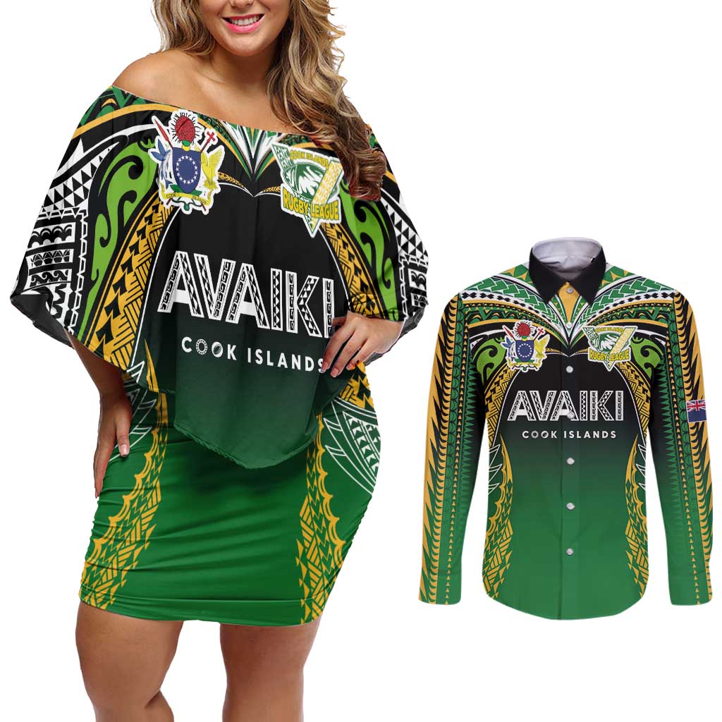 Custom Cook Islands Rugby League Couples Matching Off Shoulder Short Dress and Long Sleeve Button Shirt Avaiki Tatau Tribal Motifs Black Color LT03 Black - Polynesian Pride