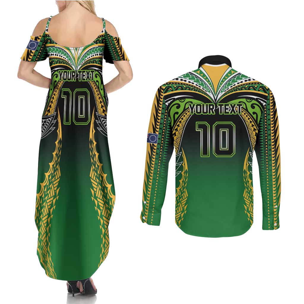 Custom Cook Islands Rugby League Couples Matching Summer Maxi Dress and Long Sleeve Button Shirt Avaiki Tatau Tribal Motifs Black Color LT03 - Polynesian Pride
