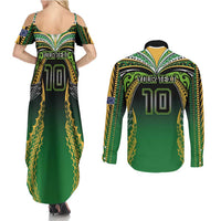 Custom Cook Islands Rugby League Couples Matching Summer Maxi Dress and Long Sleeve Button Shirt Avaiki Tatau Tribal Motifs Black Color LT03 - Polynesian Pride