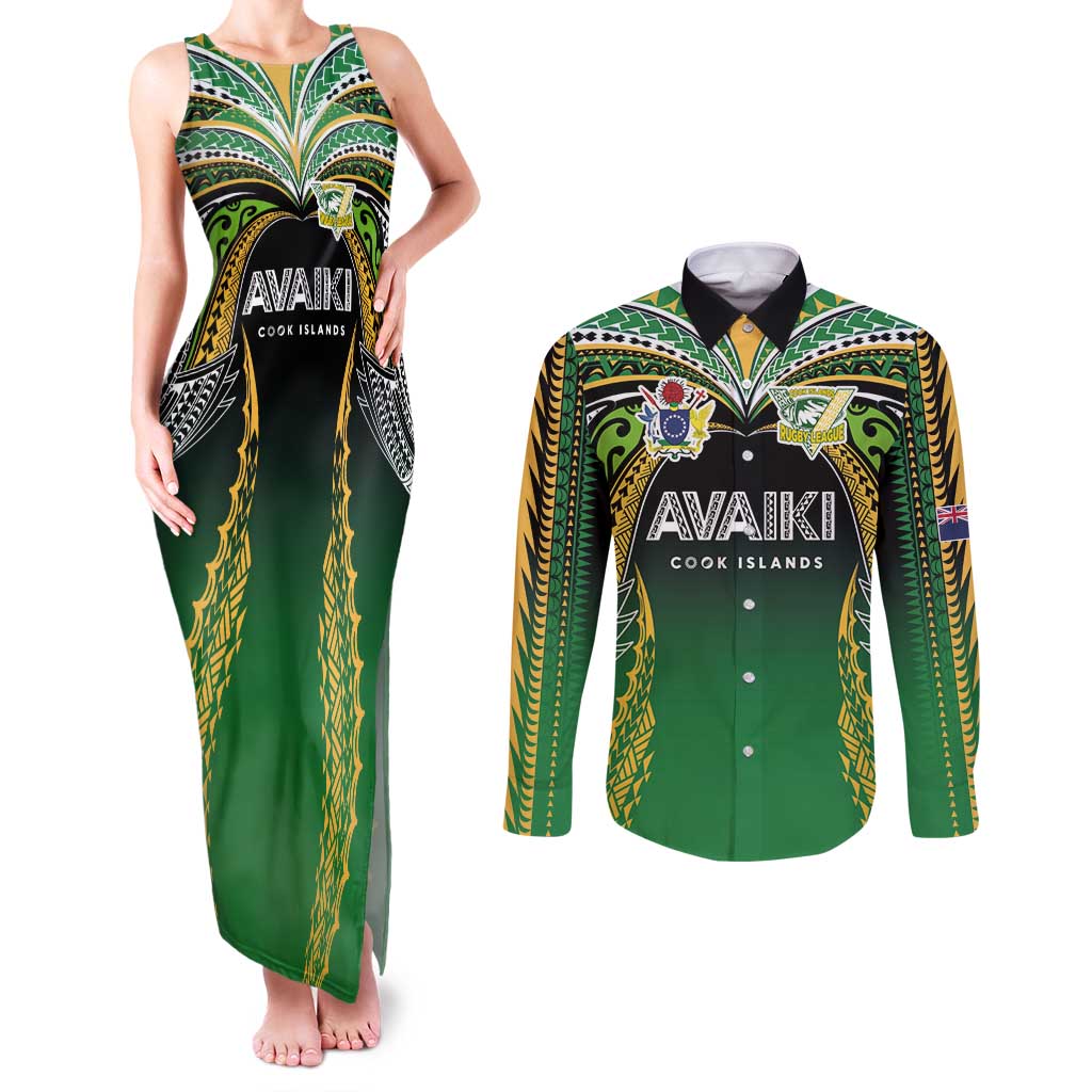 Custom Cook Islands Rugby League Couples Matching Tank Maxi Dress and Long Sleeve Button Shirt Avaiki Tatau Tribal Motifs Black Color LT03 Black - Polynesian Pride