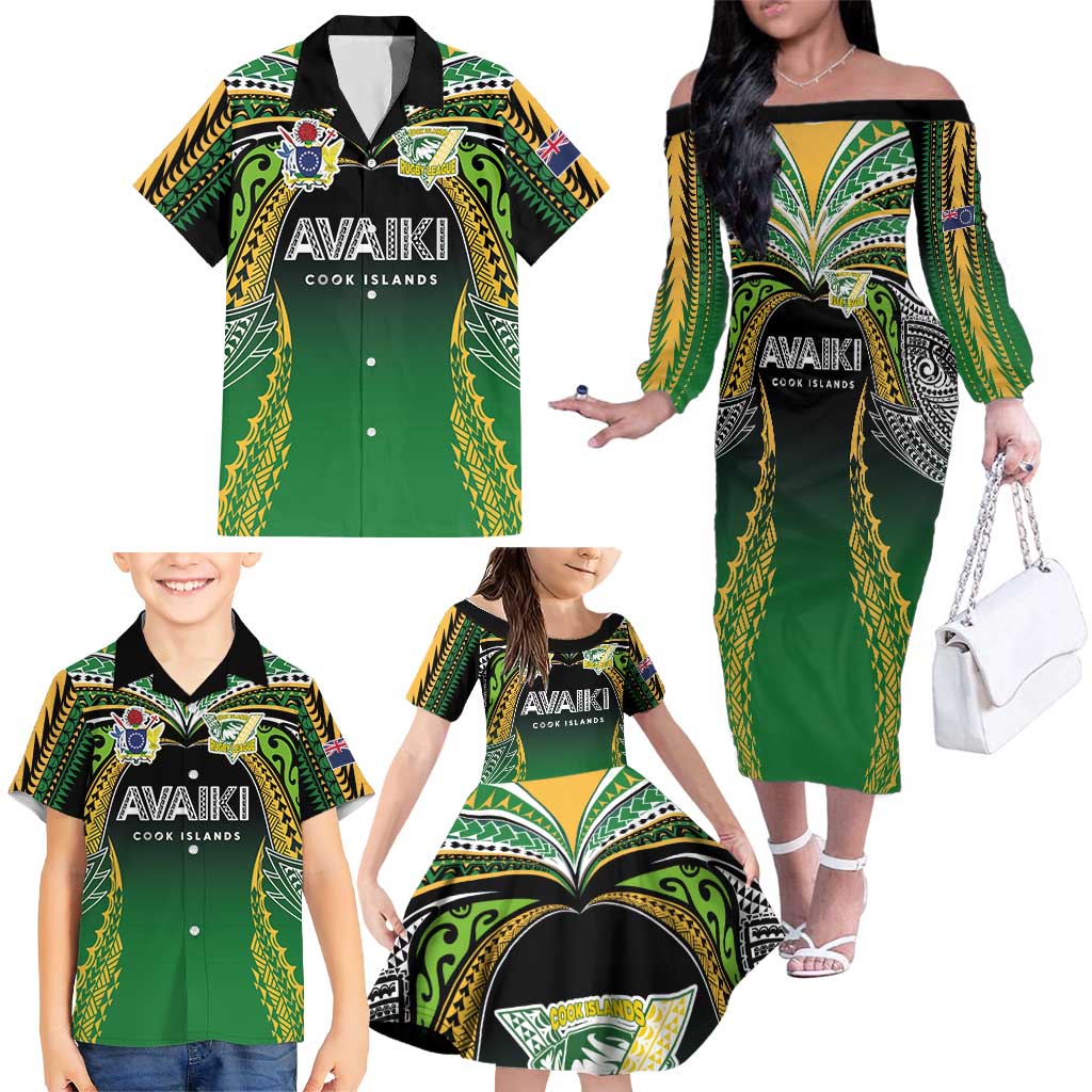 Custom Cook Islands Rugby League Family Matching Off The Shoulder Long Sleeve Dress and Hawaiian Shirt Avaiki Tatau Tribal Motifs Black Color - Polynesian Pride