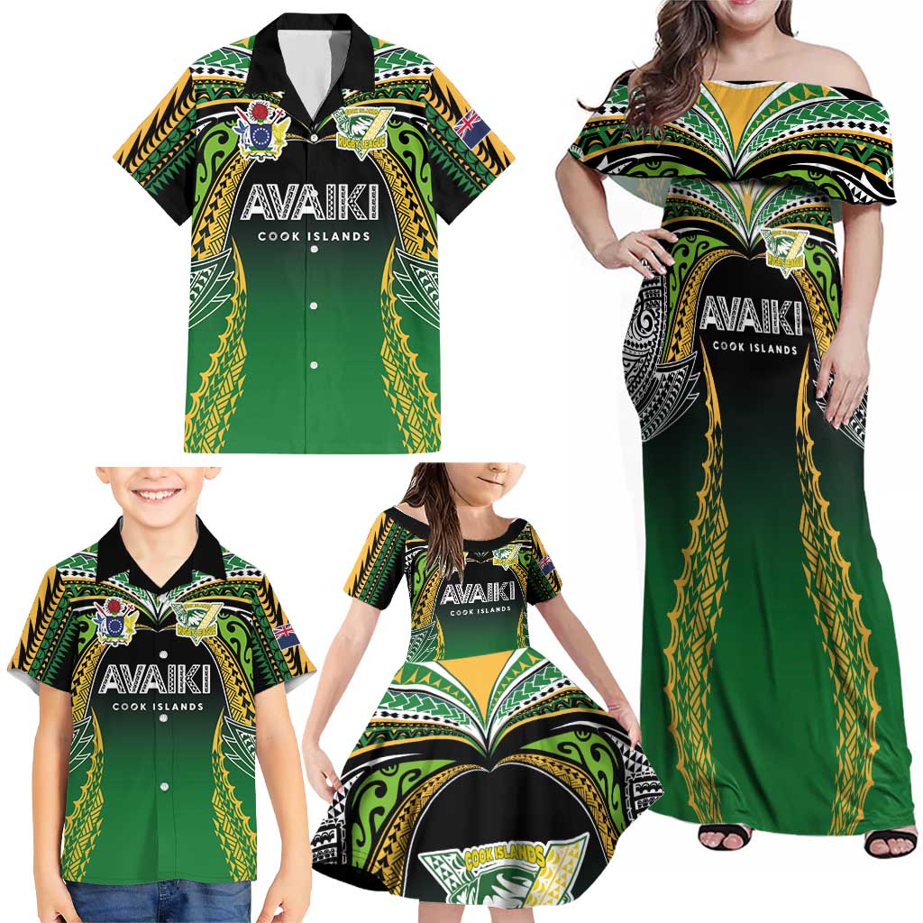 Custom Cook Islands Rugby League Family Matching Off Shoulder Maxi Dress and Hawaiian Shirt Avaiki Tatau Tribal Motifs Black Color LT03 - Polynesian Pride